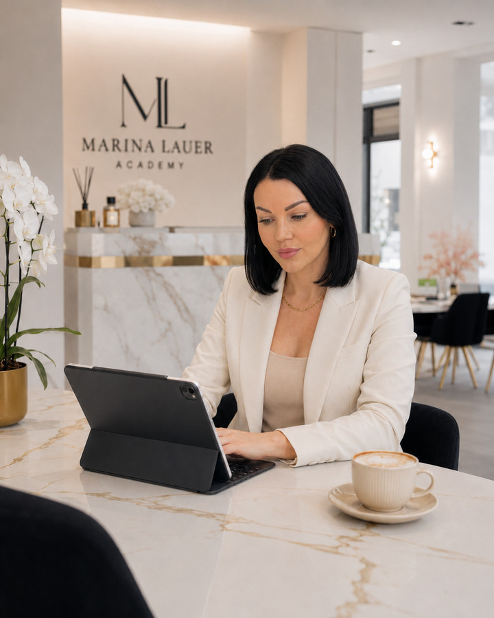 Marina Lauer arbeitet am Tablet in der Academy